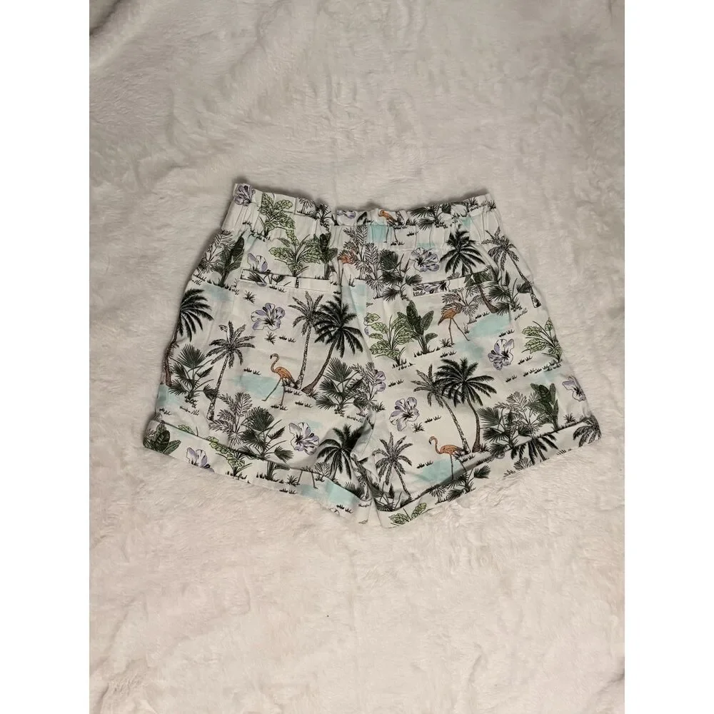 Janie and Jack White Tropical Palm Print Cotton Smocked Shorts Flamingo Girls 12